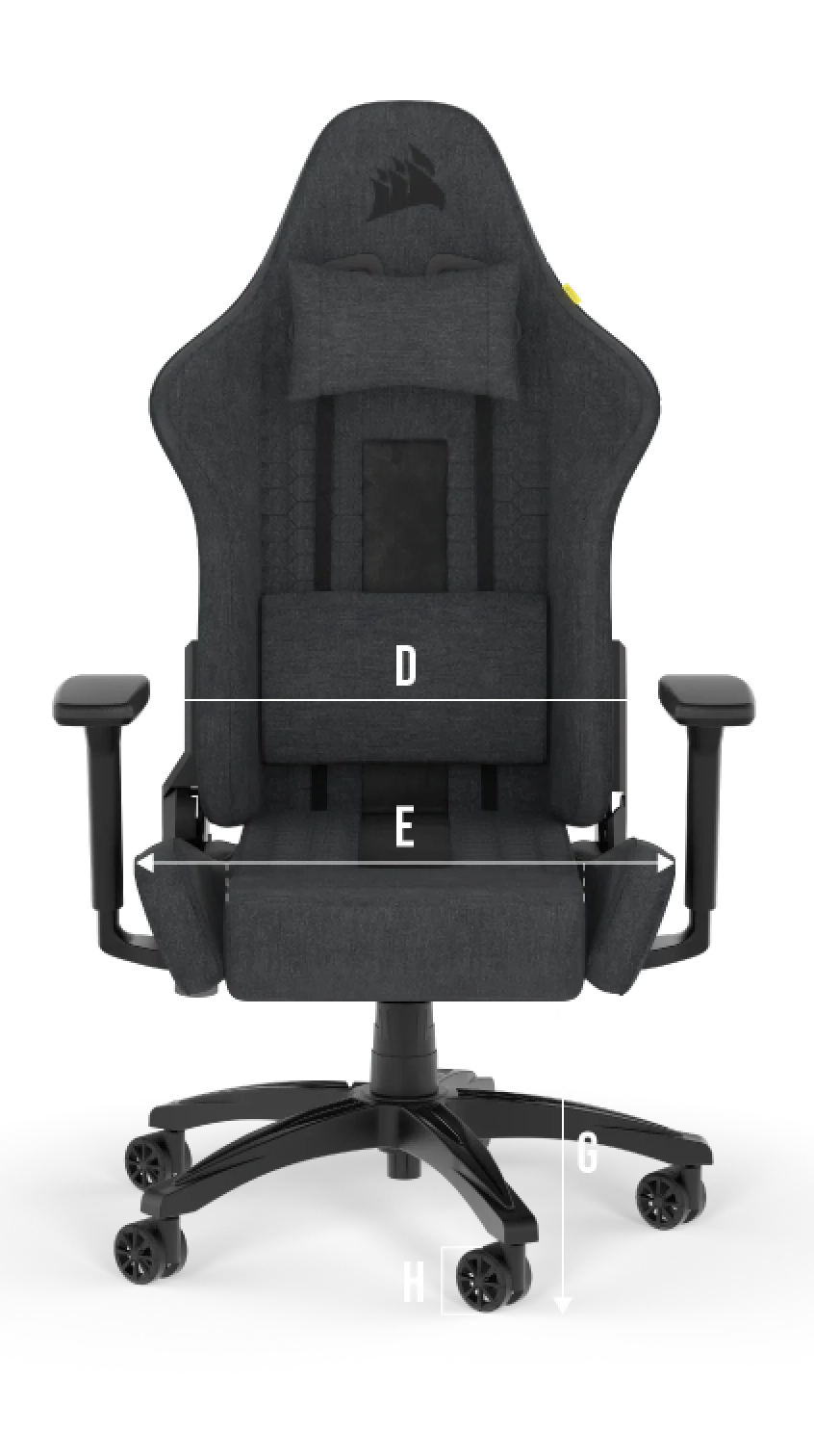 TC100 RELAXED Gaming chair frontal view with indicated size measurements.