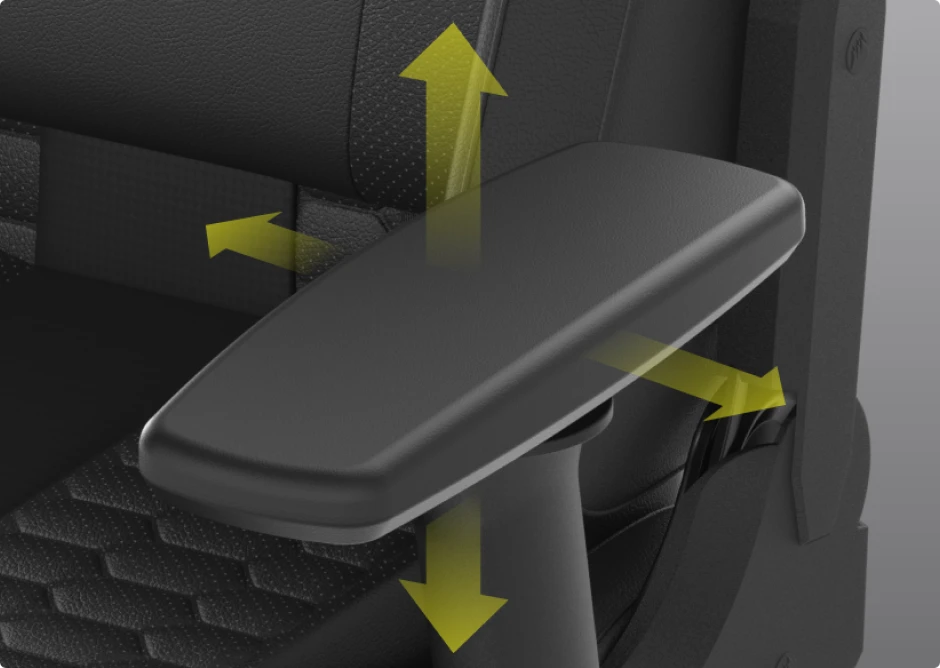 gaming chair armrest with yellow arrows indicating adjustable directions.