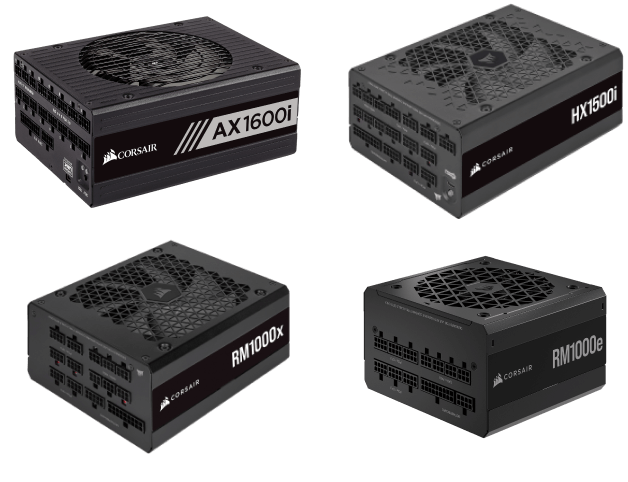 A collection of power supply units. The AX1600i, the HX1500i, the RM1000x, and the RM1000e.