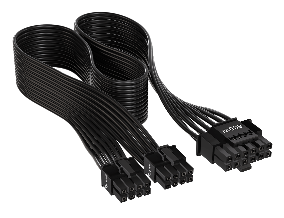A coiled power cable with two 8 pin connectors on one end, and a single 12 pin connector on the other.