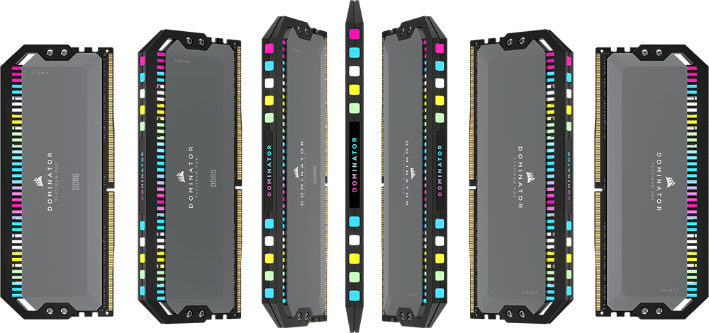 DOMINATOR PLATINUM RGB DDR5 DRAM memory for AMD AM5 compatible motherboards arranged in a pattern