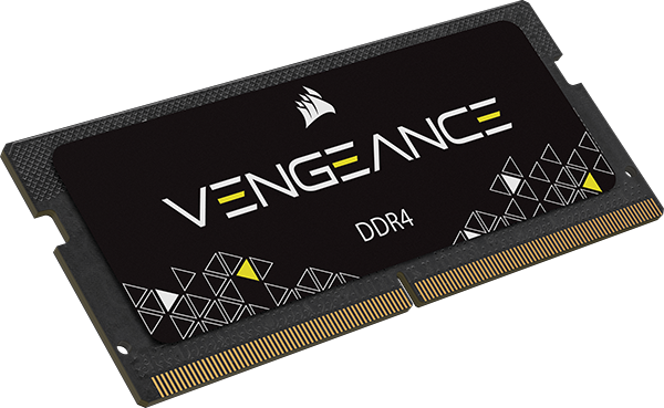 Memoria individual CORSAIR DDR4 para portátiles que presenta el formato SODIMM estándar del sector con la etiqueta VENGEANCE DDR4.