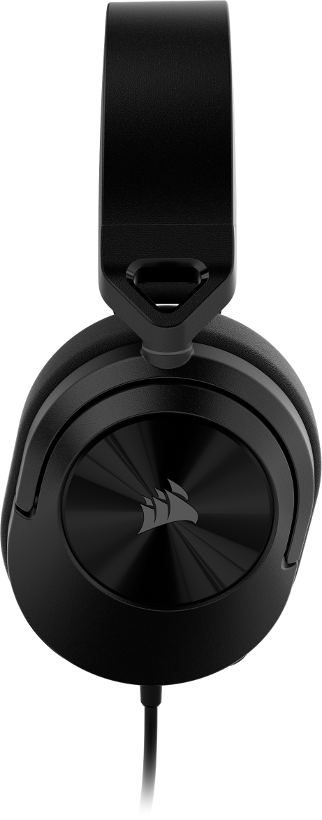 Vista de perfil lateral de los auriculares para juegos con cable HS55 SURROUND, con botón interactivo que muestra el micrófono que se silencia al abatirse. 