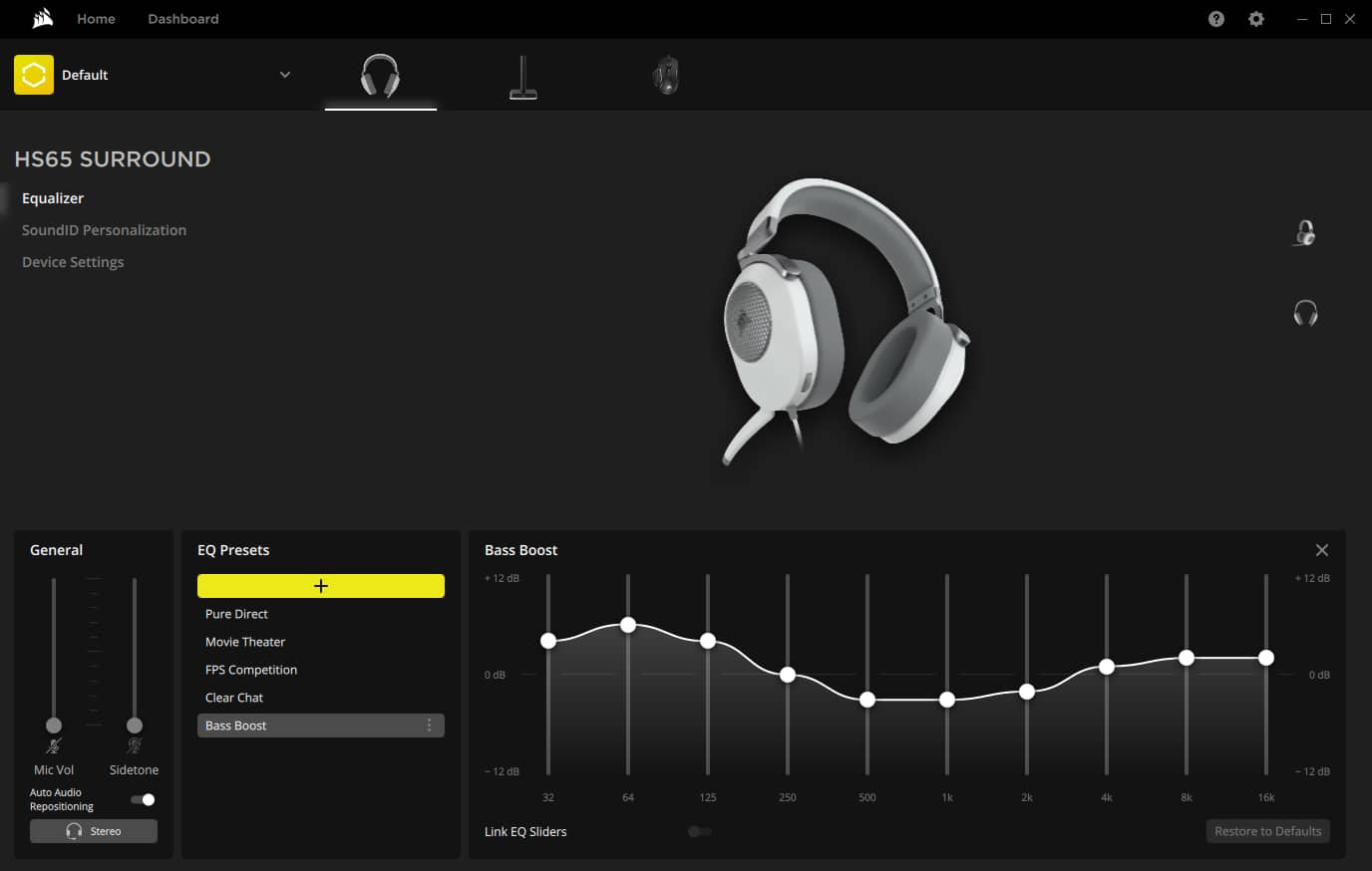 Captura de pantalla del software Corsair iCue para HS65 SURROUND para personalizar y controlar el audio y el tono local. 