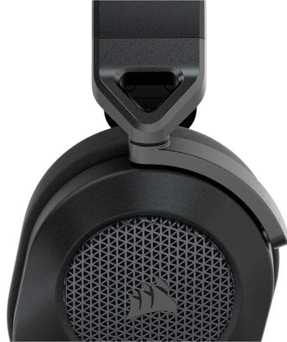 Close up of HS65 SURROUND wired gaming headset showing the metal yoke and details on the earcups. 