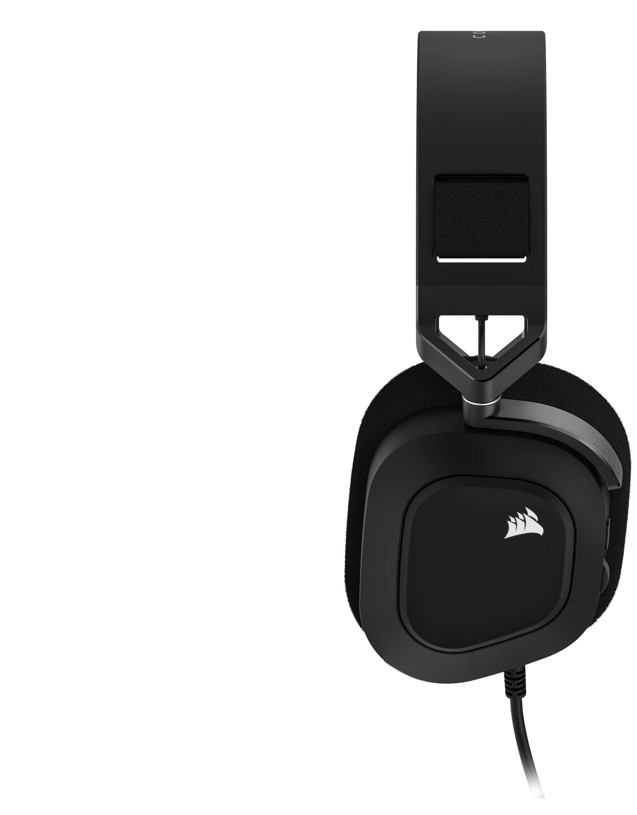 Vista de perfil lateral de los auriculares para juegos con cable HS80 RGB USB, con botón interactivo que muestra el micrófono que se silencia al abatirse.
