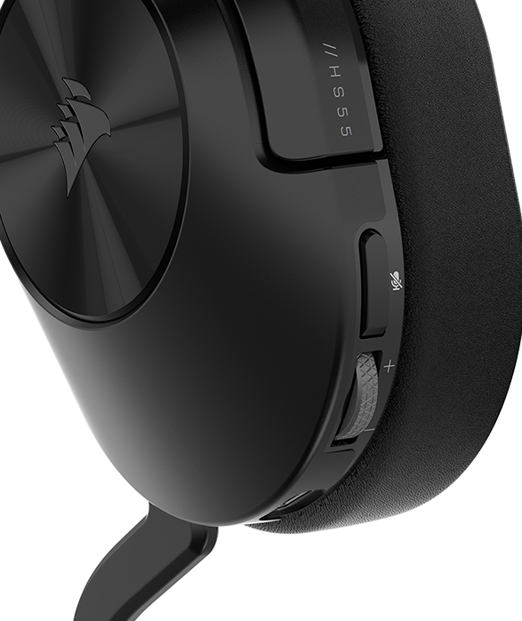 Close-up shot of the HS55 WIRELESS CORE wireless gaming headset to show on-ear volume controls.