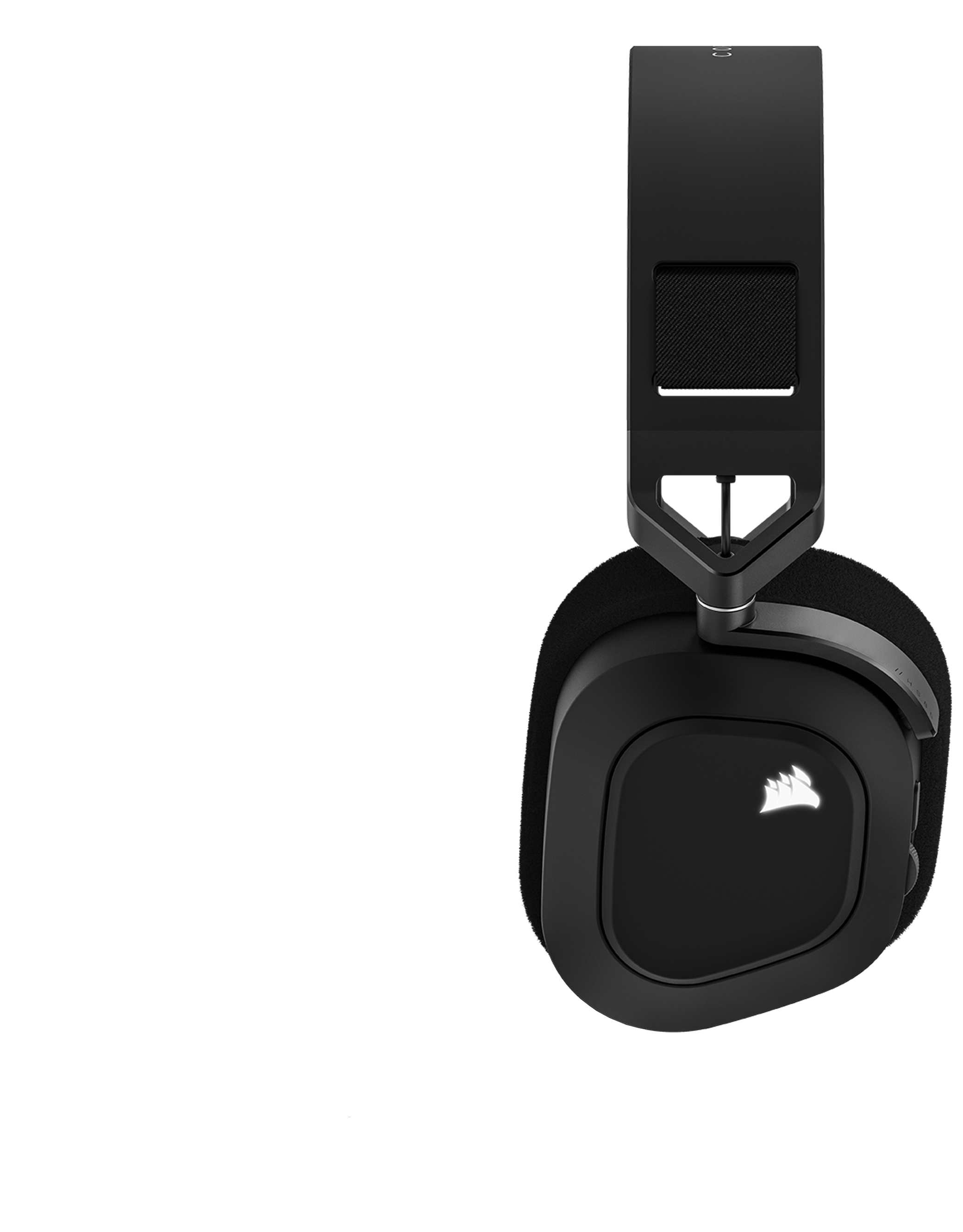 Side-view of a white CORSAIR HS80 RGB WIRELESS gaming headset.