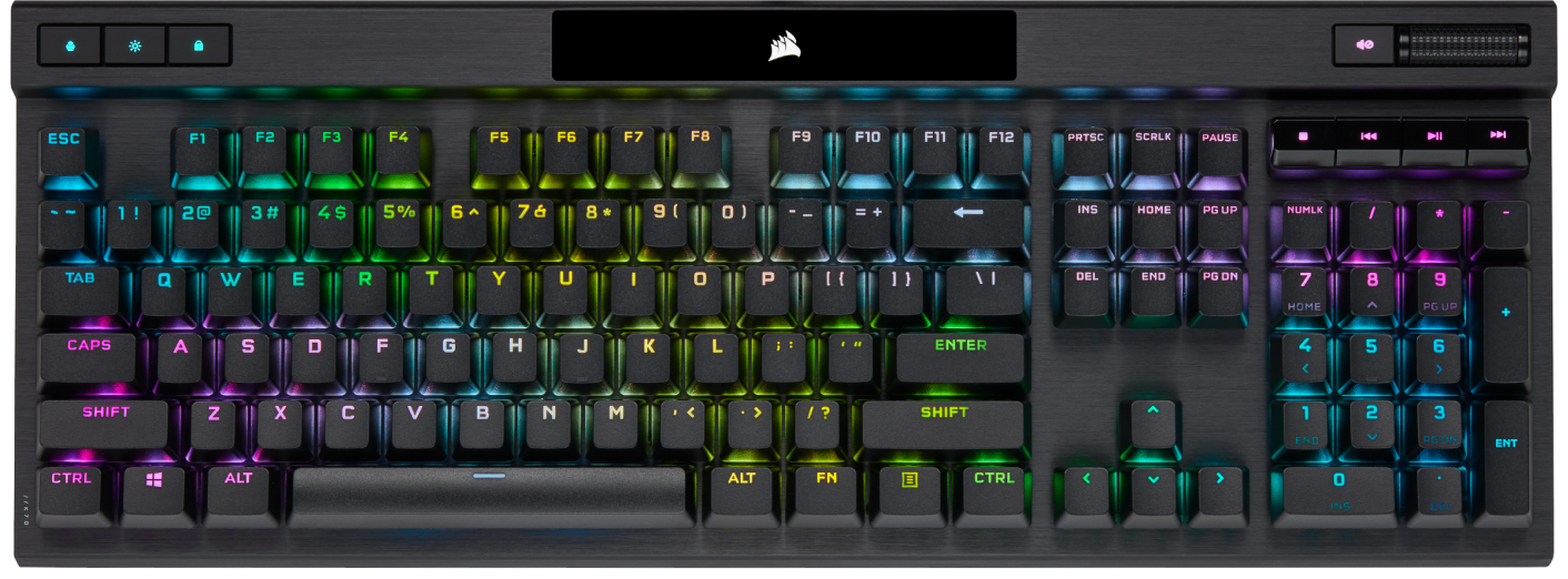 Vista de arriba hacia abajo del teclado mecánico para juegos K70 RGB PRO iluminado sobre un fondo negro con las características destacadas por puntos.
