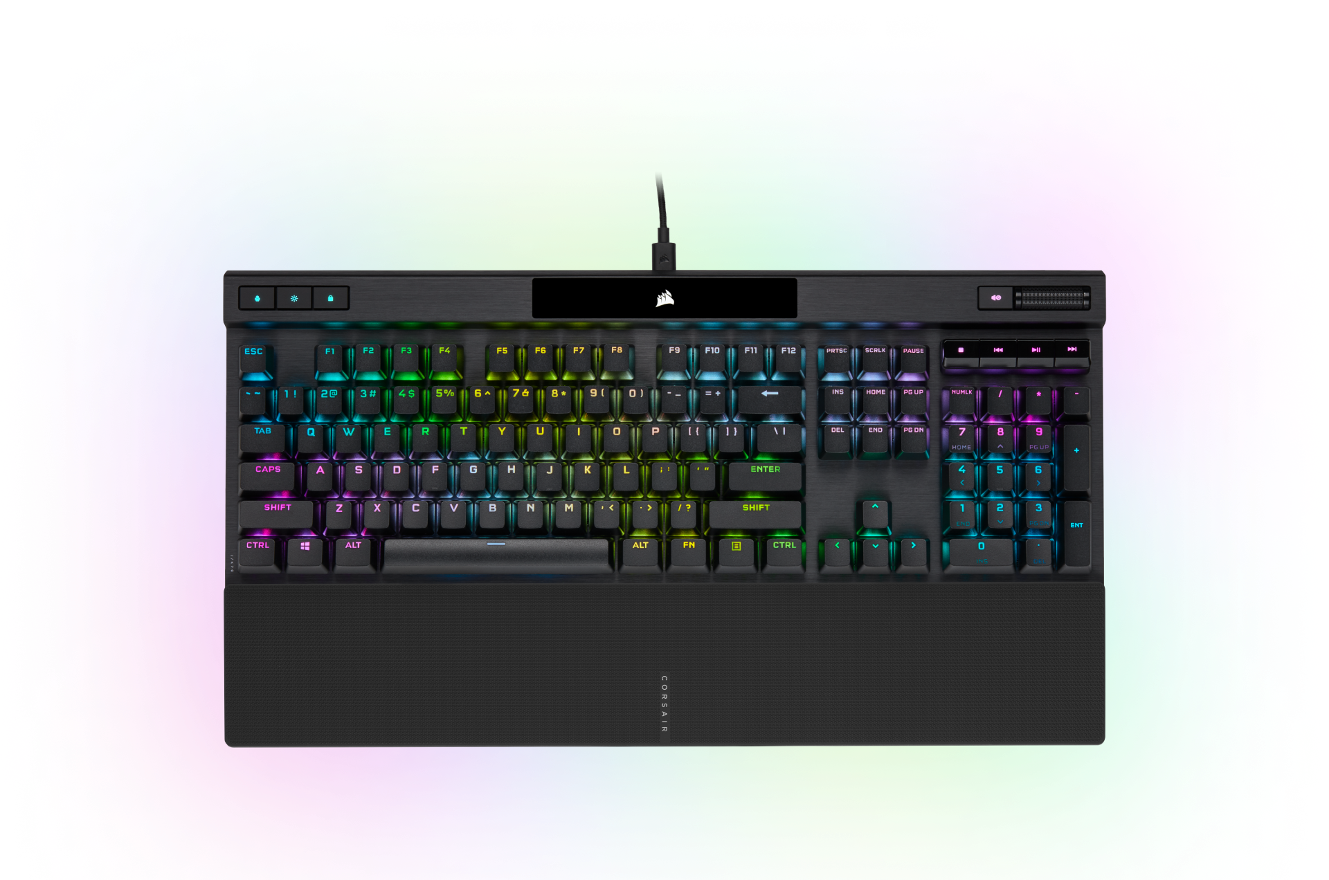 Vista de arriba hacia abajo del teclado mecánico para juegos CORSAIR K70 RGB PRO con la iluminación RGB activada.