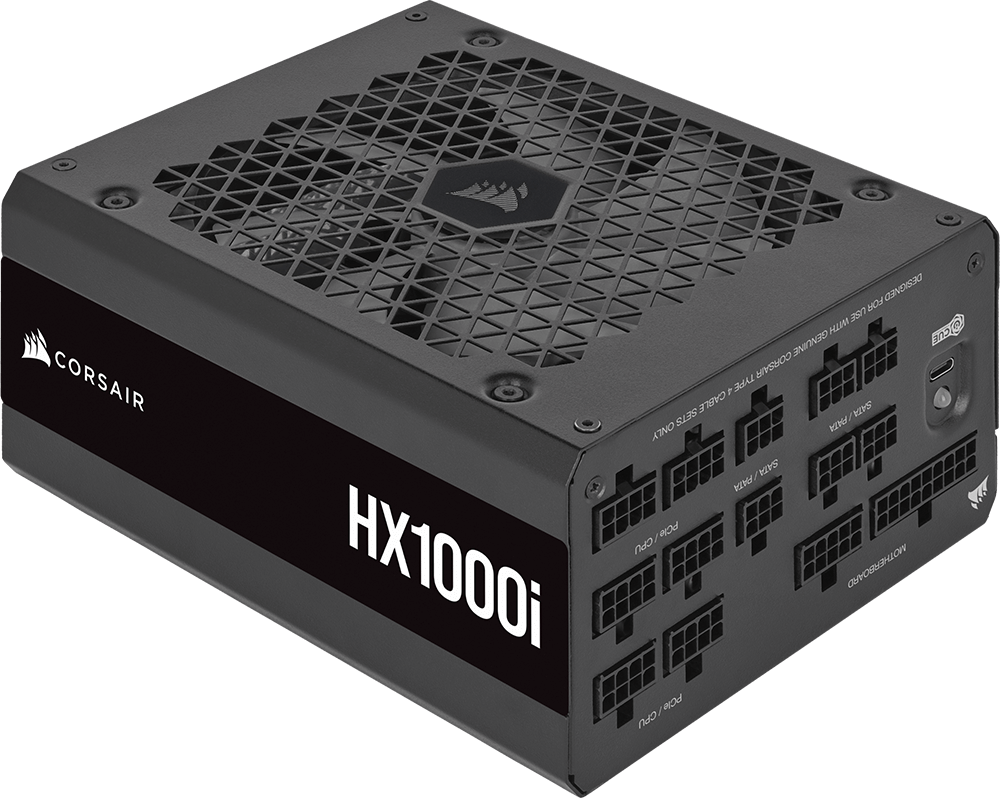A quarter view of the HX1000i fully modular platinum ATX PC power supply.