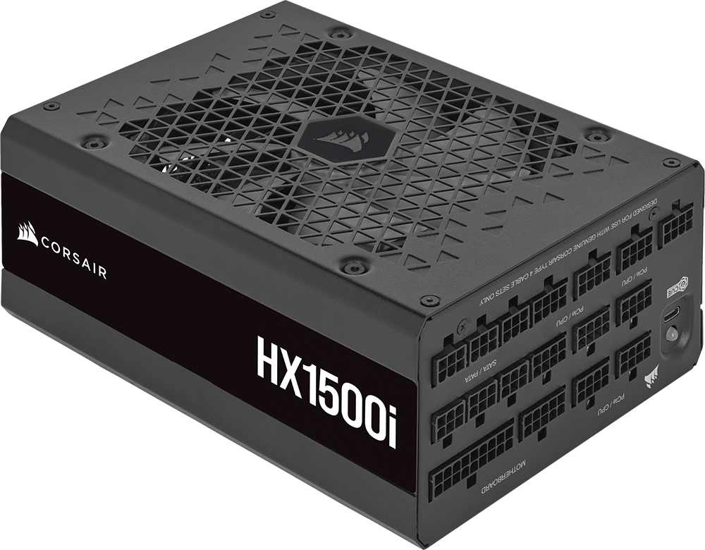 A quarter view of the HX1500i fully modular platinum ATX PC power supply.