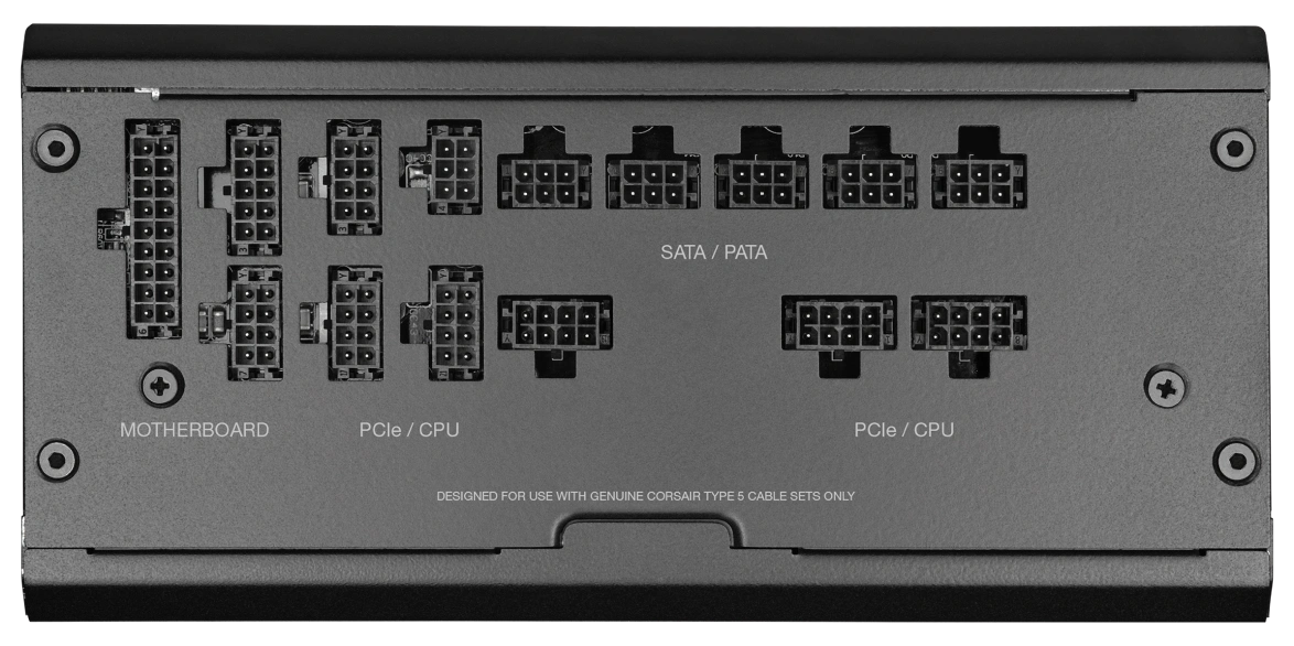 PC power supply with side connectors and installed cables.