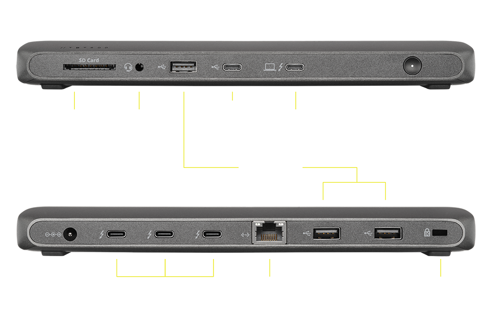 The front of the dock includes a USB-C, USB-A, and Thunderbolt 4 upstream port, while the back includes 2x USB-A and 3x Thunderbolt 4 ports.
