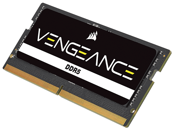 Bộ nhớ máy tính xách tay CORSAIR DDR5 đơn có tính năng định dạng SODIMM tiêu chuẩn công nghiệp với nhãn VENGEANCE DDR5.